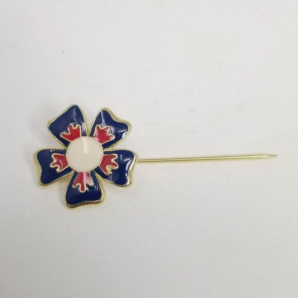 Vintage Red White Blue Enamel Flower Stick Pin, Floral Brooch, Estate - Picture 3 of 8
